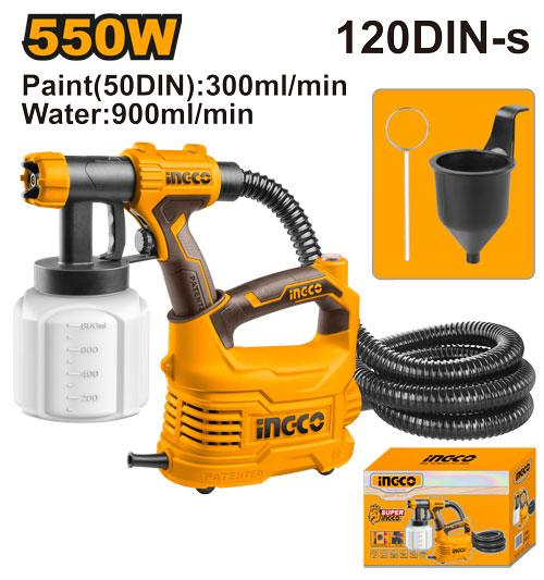 INGCO SPG5008 550W HVLP Electric Spray Gun 800ml 850ml/min 120DIN-s 2m Cord Shoulder Strap Viscosity Cup Cleaning Needle Color Box