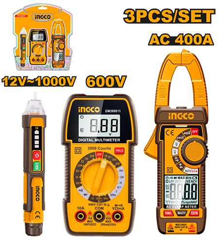 INGCO DM3069 3 Piece Electrical Test Kit AC Clamp Meter 400A Digital Multimeter 600V Voltage Detector 12V-1000V with 6 AAA Batteries
