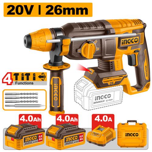 INGCO CRHLI262085 20V Brushless Cordless Rotary Hammer 26mm SDS Plus with 2x4.0Ah Batteries