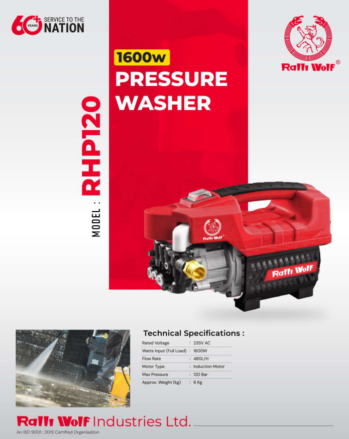 Ralli Wolf RHP120 1600W High Pressure Washer 120 Bar - Technical Specifications