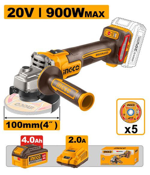 INGCO CAGLI261021 Cordless Angle Grinder 4" with battery and cutting discs