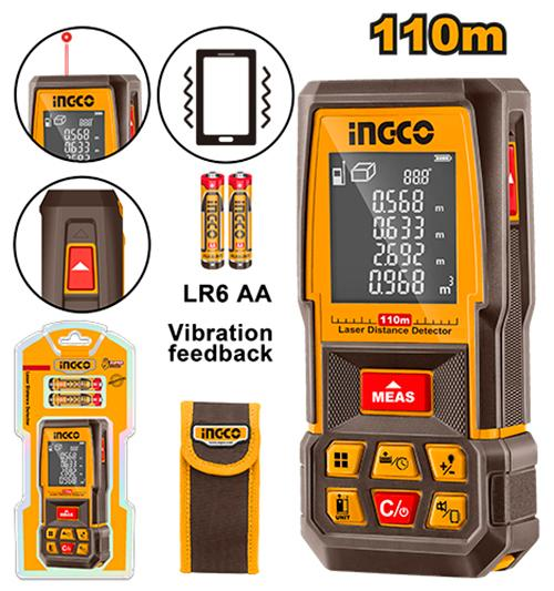 INGCO HLDD10089 110m Laser Distance Detector Vibration Feedback LR6 AA Batteries Leather Pouch 9 Measurement Modes Double Blister