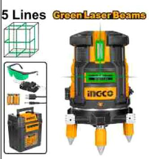 INGCO HLL305205 5-Line Green Laser Level 30m 1 Horizontal 4 Vertical Lines Cross Lock Laser Gain Safety Goggles Batteries Plastic Case