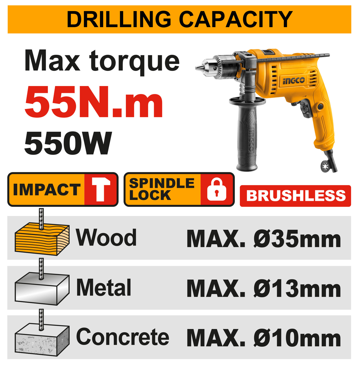 INGCO CIDLI20558 Drilling Capacity - Wood 35mm Metal 13mm Concrete 10mm, 55Nm Brushless Impact