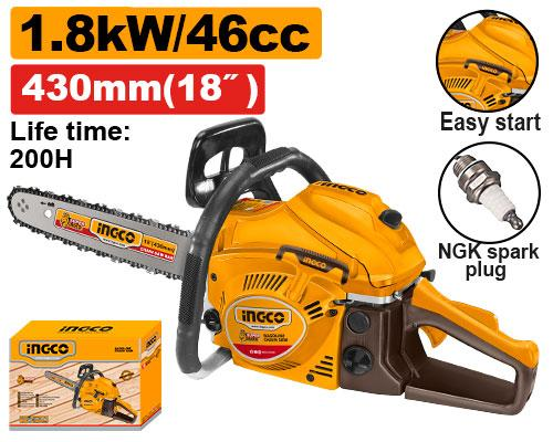 INGCO GCS5451811 46cc 1.8kW Petrol Chainsaw 18 inch 430mm Bar NGK Spark Plug Easy Start Color Box