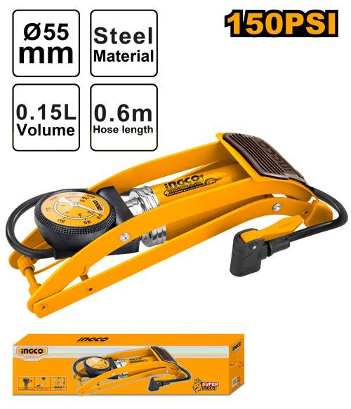 INGCO MPP5511 150PSI Steel Foot Pump 55mm Cylinder 0.15L Schrader Presta Dunlop Universal Valve Bar PSI Gauge 60cm Hose Rubber Pedal Color Box