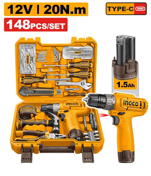 INGCO HKTHP41482 148 Pcs Tool Set with 12V Cordless Drill and Carrying Case