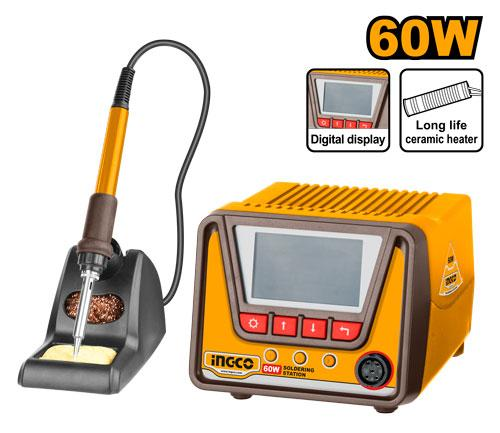 INGCO SI016923 60W Digital Soldering Station Ceramic Heating Thermostatic Rotary Control Digital Display Iron Stand Cleaning Pad Color Box