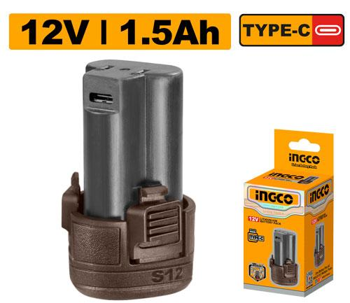 INGCO FBLI12153 12V 1.5Ah Li-Ion Battery Pack USB Type-C Charging Port Fits All S12 Series Cordless Tools