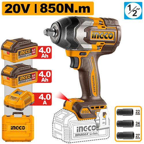 INGCO CIWLI2085 20V Brushless Cordless Impact Wrench 850Nm with 2x4Ah Batteries and 3 Deep Sockets