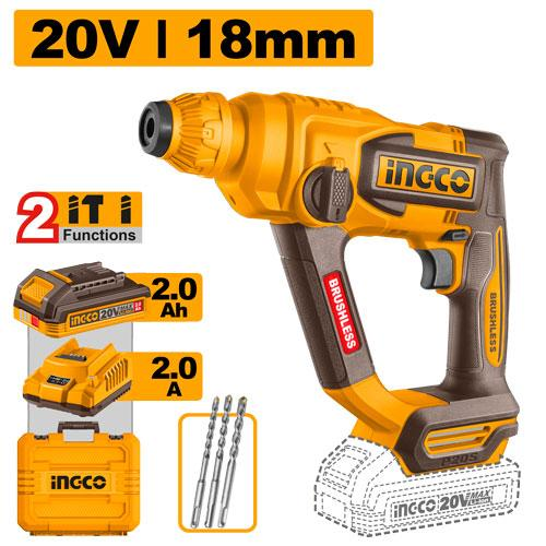 INGCO CRHLI201881 20V Brushless Cordless Rotary Hammer 18mm SDS Plus with 2.0Ah Battery Charger and Carry Case