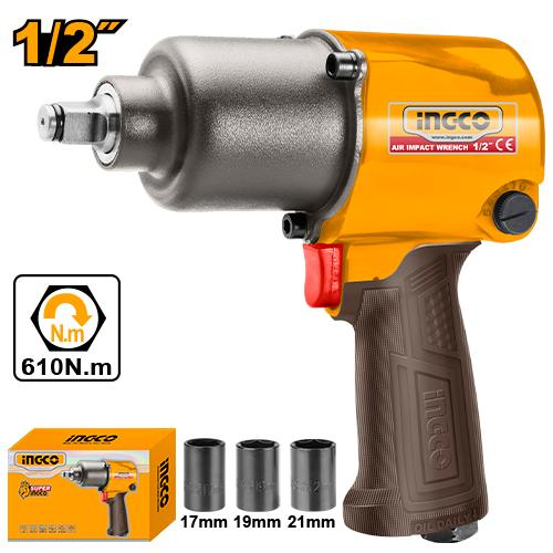 INGCO AIW12562 1/2 inch Air Impact Wrench 610Nm with 17mm 19mm 21mm Sockets