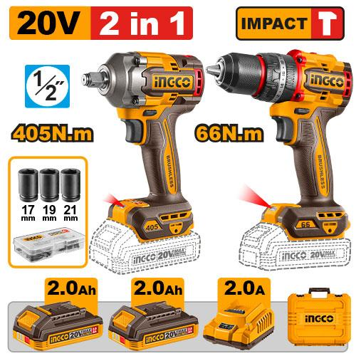 INGCO CKLI20286 20V 2-Piece Combo Kit – Brushless Impact Drill 66Nm and Impact Wrench 405Nm