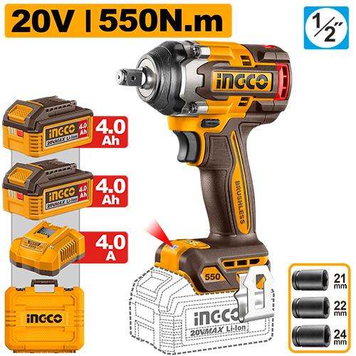 INGCO CIWLI2055 20V Brushless Cordless Impact Wrench 550Nm with 2x4Ah Batteries and 3 Sockets