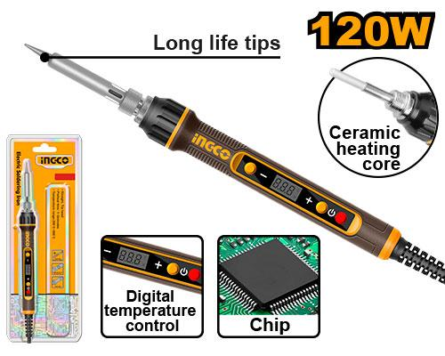 INGCO SI01610 120W Digital Display Electric Soldering Iron 500°C Ceramic Heating Single Chip Temperature Control Long Life Tip Holder Double Blister