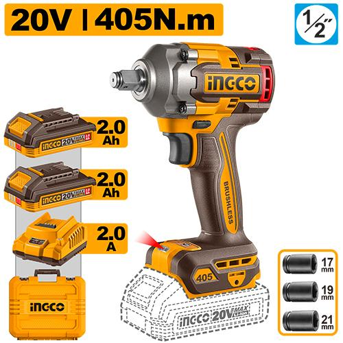 INGCO CIWLI2045 20V Brushless Cordless Impact Wrench 405Nm with 2x2Ah Batteries and 3 Sockets