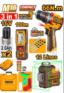 INGCO COSLI250995 16V 3-Piece Cordless Combo Kit Brushless Impact Drill 66Nm 3D Laser Level 12 Lines 100m Distance Detector 2x2.0Ah Batteries