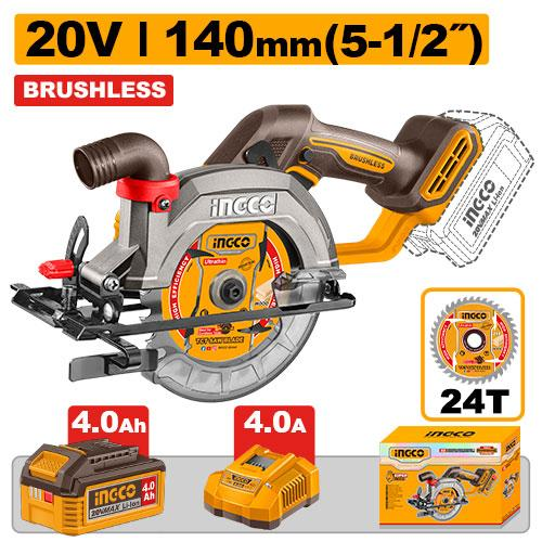 INGCO CSLI14023 20V Brushless Cordless Circular Saw 140mm 5-1/2 inch with 4.0Ah Battery and Charger