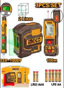 INGCO COS250908 3-Piece Combo Kit Green Laser Level 35m Distance Detector 100m Voltage Detector 12V-1000V with Batteries