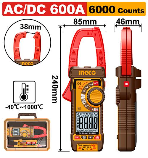 INGCO DCM66002 True RMS DC AC Clamp Meter 600A 6000 Counts 38mm Jaw 240x85x46mm Temperature LPF Phase Plastic Case