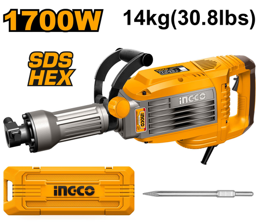 INGCO PDB170068 1700W 14kg SDS Hex Demolition Breaker with Carry Case and Chisel