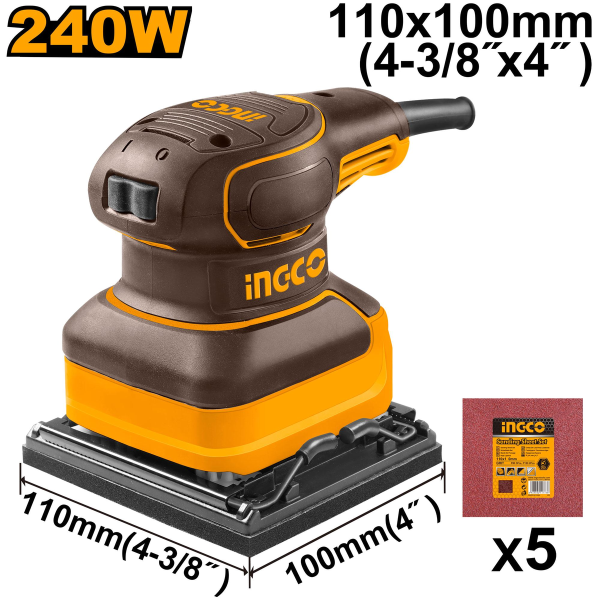 INGCO PS2416 240W Palm Sander 110x100mm with 5 Sanding Sheets and Color Box