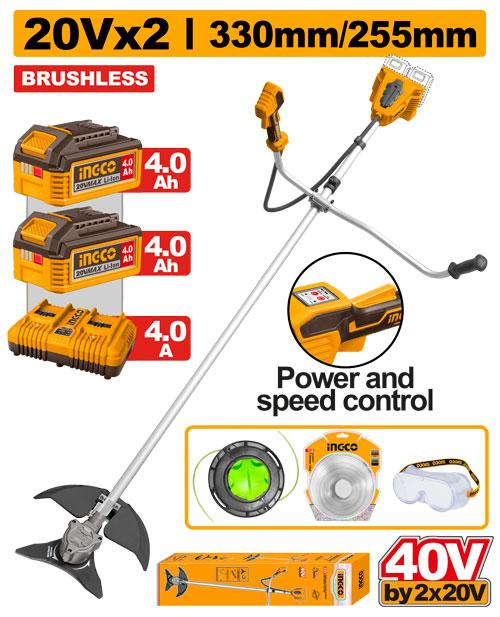 INGCO CSTLI202522 40V Brushless Cordless String Trimmer Brush Cutter 330mm 255mm 2x4.0Ah Batteries Dual Port Charger