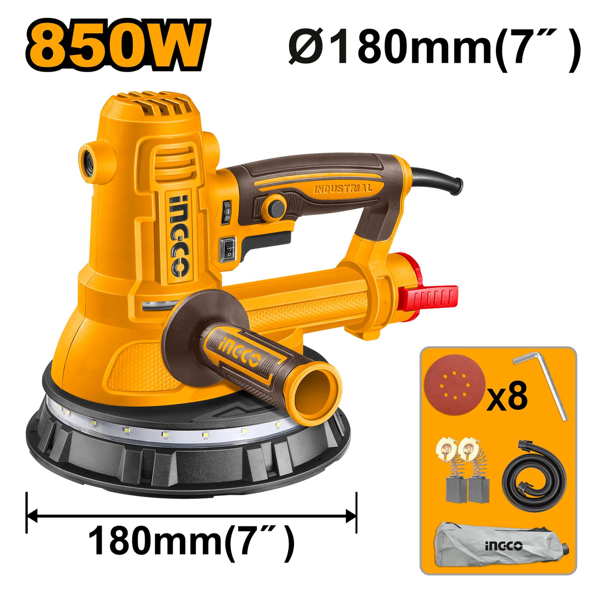 INGCO DWS10508 850W Drywall Sander 180mm with LED Light 2m Flexible Hose and Dust Bag