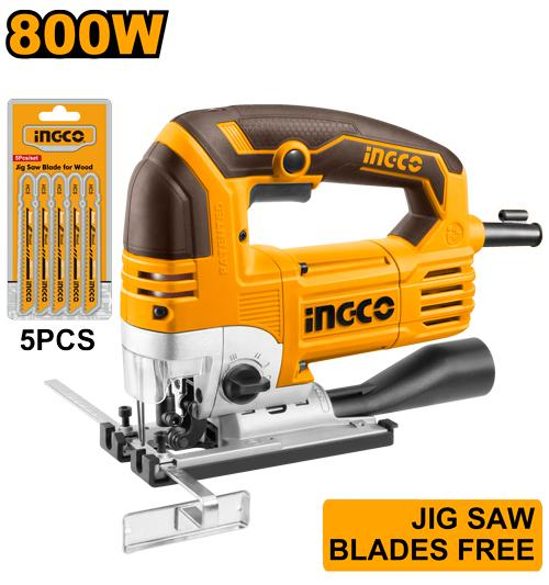 INGCO JS80068 800W Professional Jigsaw Aluminium Base 4-Step Pendulum with 5 Saw Blades
