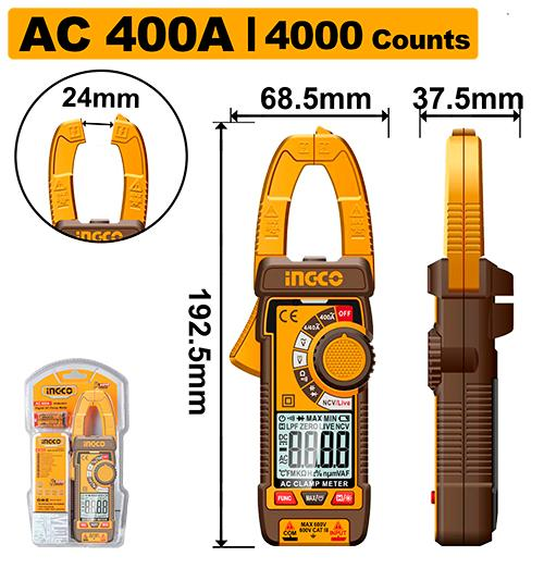 INGCO DCM62001 True RMS Digital AC Clamp Meter 400A 4000 Counts 24mm Jaw 192.5x68.5x37.5mm Double Blister
