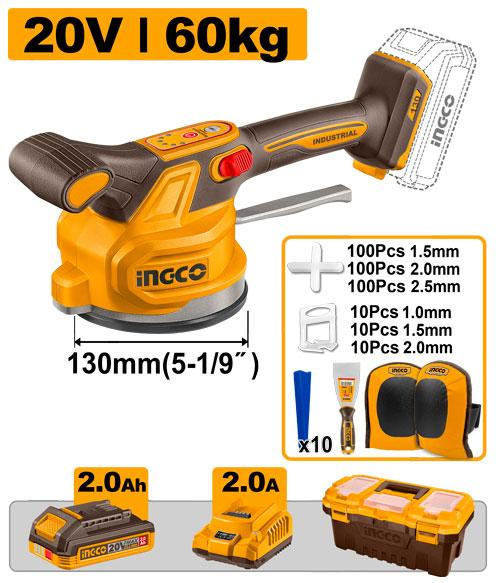 INGCO CTVLI20018 20V Cordless Tile Vibration Machine 60kg 130mm with Battery Charger and Full Tiling Accessories Kit