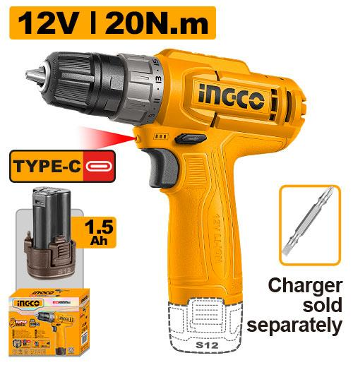 INGCO CDLI12456 12V Cordless Drill 20Nm Type-C with 1.5Ah Battery