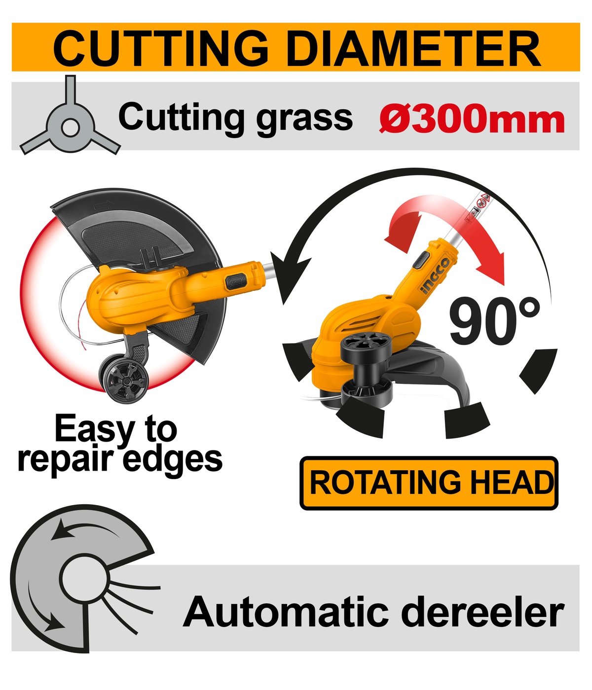 INGCO CGTLI203285 Grass Trimmer 300mm Cutting Diameter 90 Degree Rotating Head Automatic Dereeler Easy Edge Repair
