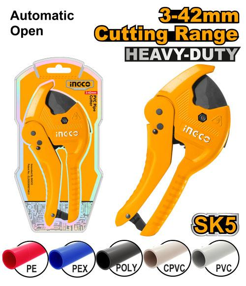 INGCO HPC0442 Heavy Duty PVC Pipe Cutter 3-42mm SK5 Blade Auto-Open Spring PE PEX POLY CPVC PVC Double Blister