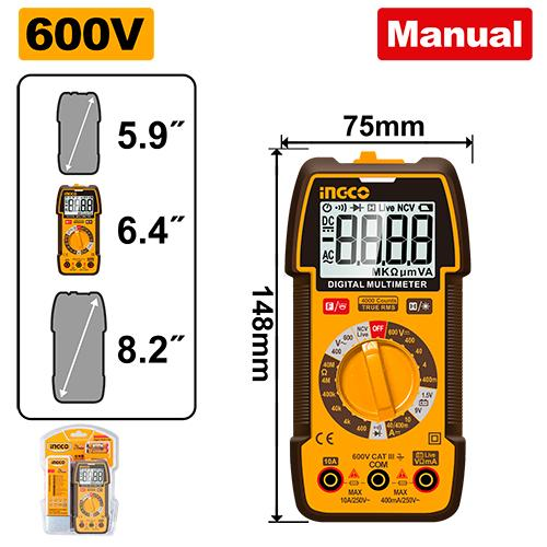 INGCO DM36002 True RMS Digital Multimeter 600V 4000 Counts NCV Flashlight Backlight 148x75mm Double Blister