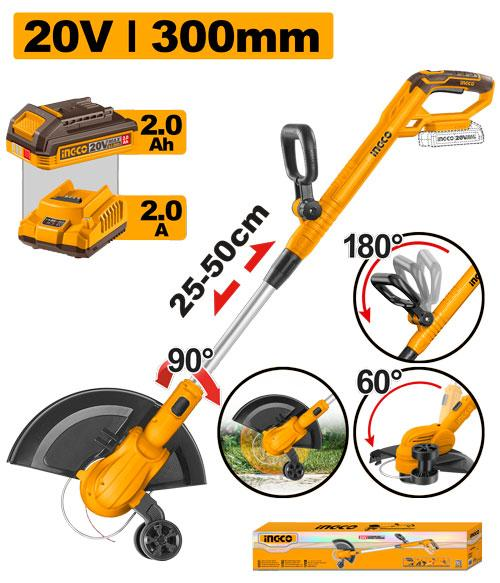 INGCO CGTLI203285 20V Cordless Grass Trimmer 300mm Rotating Head Adjustable Shaft with 2.0Ah Battery and Charger