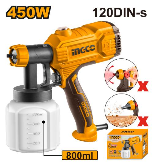INGCO SPG3508 450W Electric Spray Gun 800ml Container 550ml/min 120DIN-s Viscosity Cup Nozzle Cleaning Needle Color Box