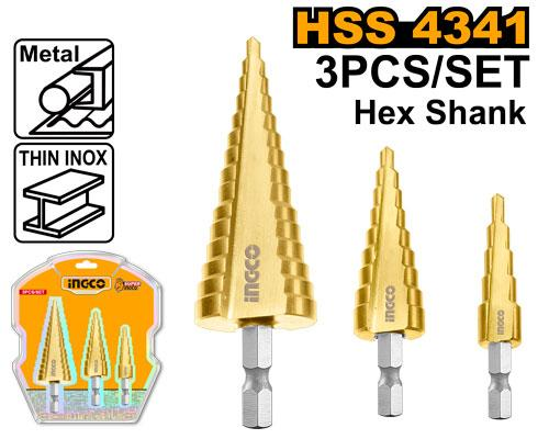 INGCO AKSDS80402 3-Piece HSS4341 Titanium Step Drill Bit Set 4-12mm 4-20mm 4-32mm 2mm Steps Hex Shank Metal Sheet Double Blister
