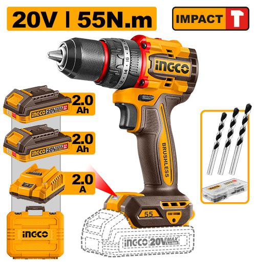 INGCO CIDLI20558 20V Brushless Cordless Impact Drill 55Nm with 2x2Ah Batteries and Charger
