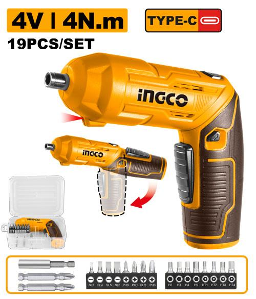 INGCO 4V Cordless Screwdriver 19Pcs Set with Type-C Charging and Cr-V Bits