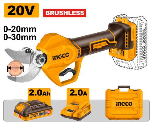 INGCO CSSLI203083 20V Brushless Cordless Electric Pruning Shear 20mm 30mm with Battery Charger and Carry Case