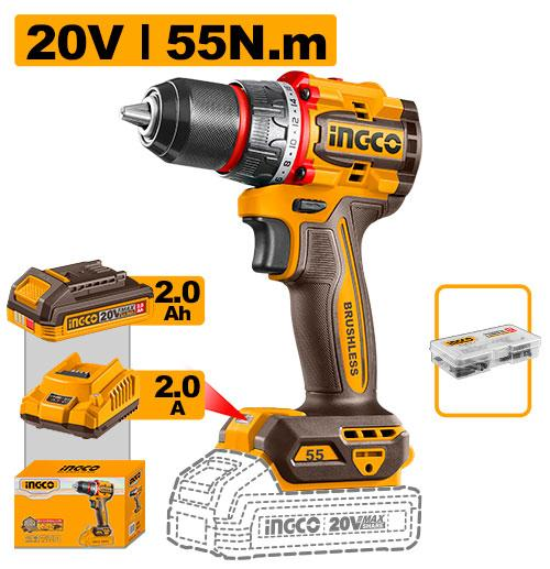 INGCO CDLI205582 20V Brushless Cordless Drill 55Nm with 2Ah Battery and Charger