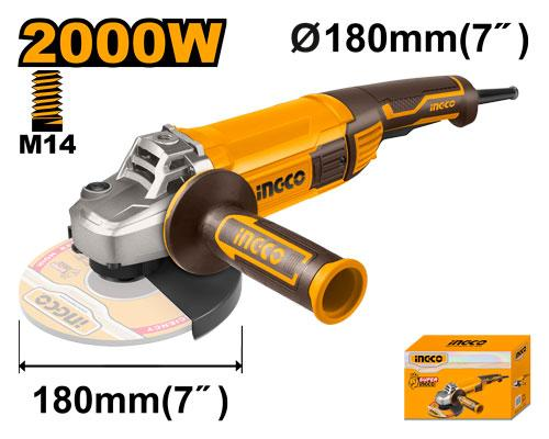 INGCO AG200018 2000W 7 inch 180mm Heavy Duty Angle Grinder with Auxiliary Handle and Color Box