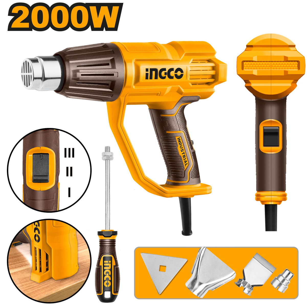 INGCO HG200078 2000W Industrial Heat Gun with 3 Temperature Settings and 4 Nozzles