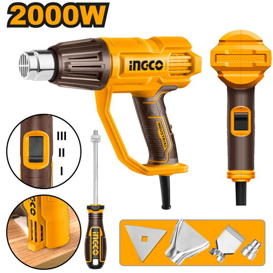 INGCO HG200078 2000W Industrial Heat Gun with 3 Temperature Settings and 4 Nozzles