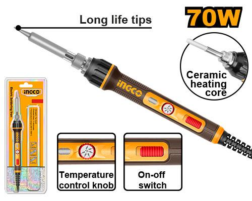 INGCO SI01606 70W Electric Soldering Iron 500°C Ceramic Heating Element Adjustable Temperature On Off Switch Long Life Tip Iron Holder Double Blister