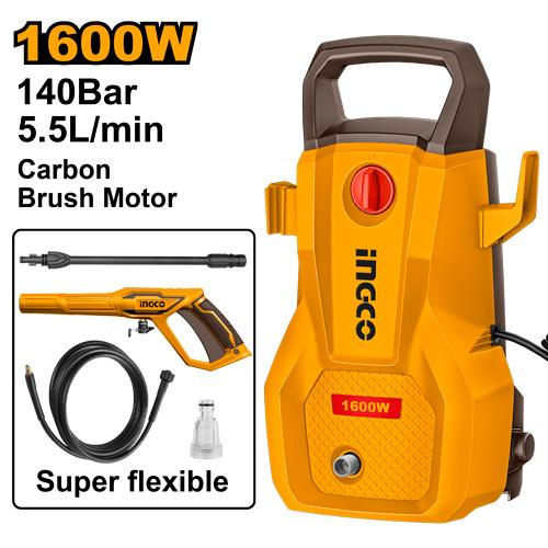 INGCO HPWR16008 1600W High Pressure Washer 140 Bar Carbon Brush Motor with Auto Stop and Super Flexible Hose