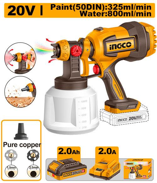 INGCO CSGLI20042 20V Cordless Spray Gun 1000ml 800ml/min Pure Copper Nozzles 1.5mm 2.5mm 2.0Ah Battery Charger Color Box