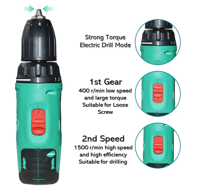 DCA ADJZ1202E 12V Cordless Driver Drill - 2-Speed Gearbox 400rpm and 1500rpm