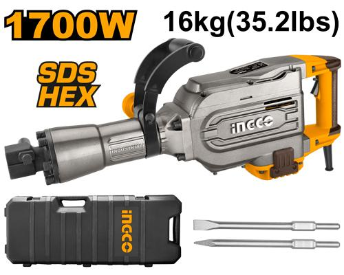 INGCO PDB17008 1700W 16kg SDS Hex Demolition Breaker with BMC Case and 2 Chisels